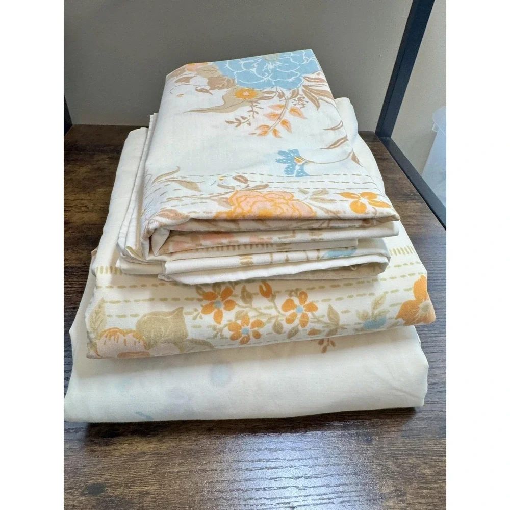 VTG FULL Sheet Set Tan Orange Blue Floral Flowers Tastemaker Percale 70s‎ Hippie